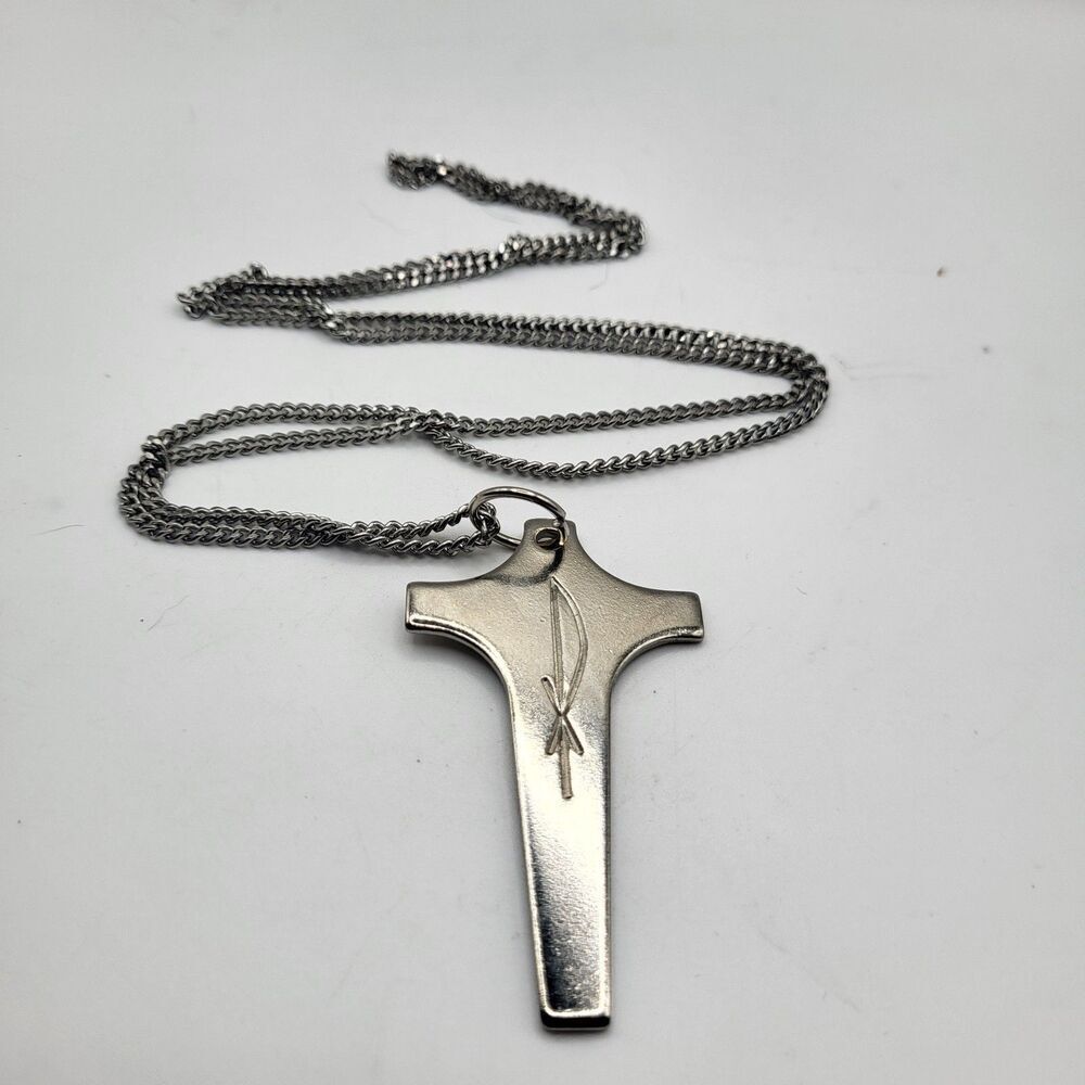 VIntage MCM Silver Tone Metal Cross Necklace Etched 30in